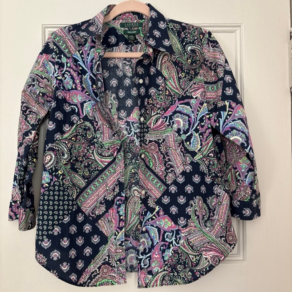 Ralph Lauren Navy Paisley Button-Down Shirt 3/4 sleeve